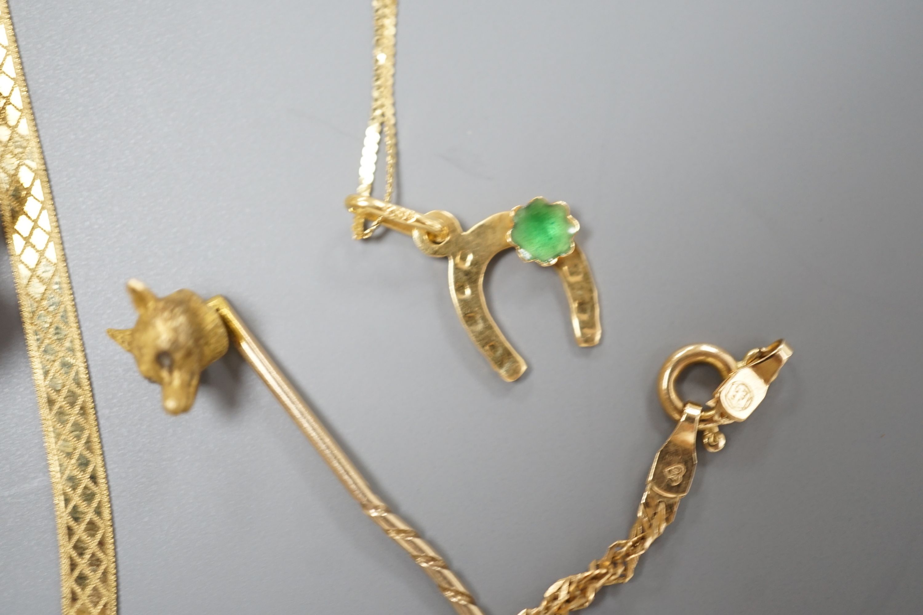 A modern 9ct gold necklet, 4.2 grams, a 14kt bracelet and necklace gross 3 grams, a worn gold coin, a yellow metal and gem set brooch, a similar fox head stick pin and a lady's 18ct Mudu wrist watch.